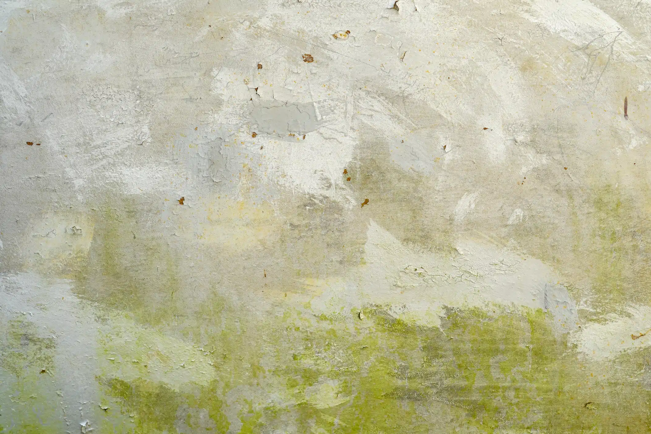 Limewash concrete wall with peeling paint and mossy growth.